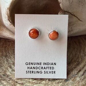 Handcrafted Native American Sterling Silver Orange Spiny Stone Stud Earrings